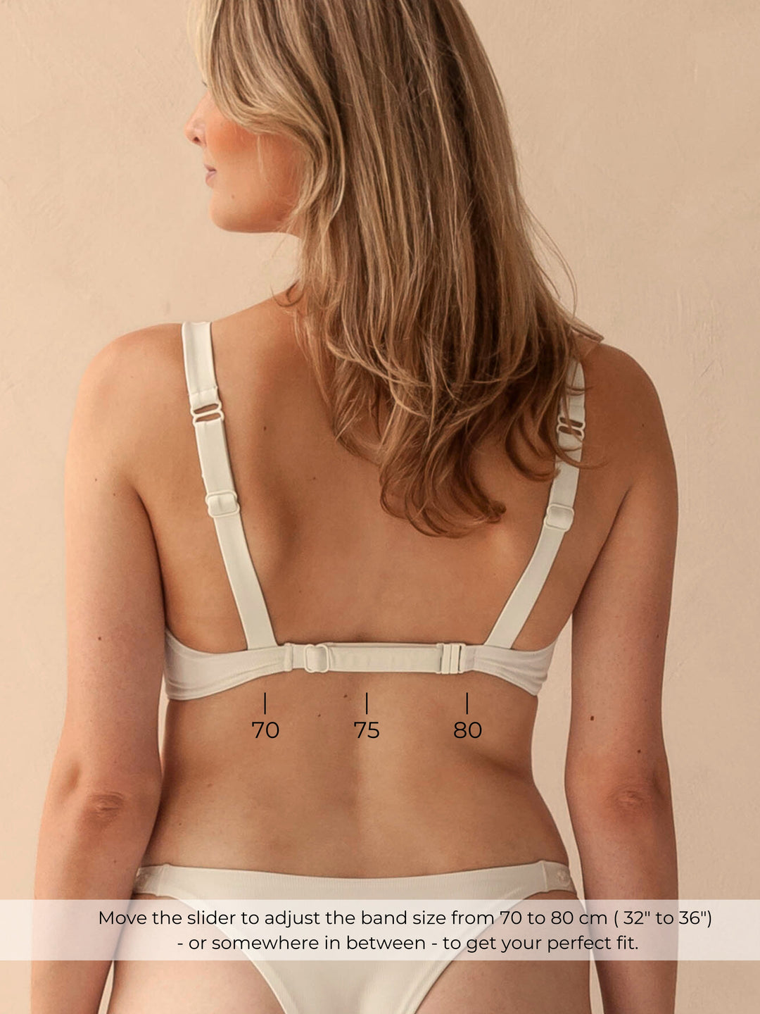 Bikini top Plunge V-neck ivory white woman adjustable band slider strap closure back