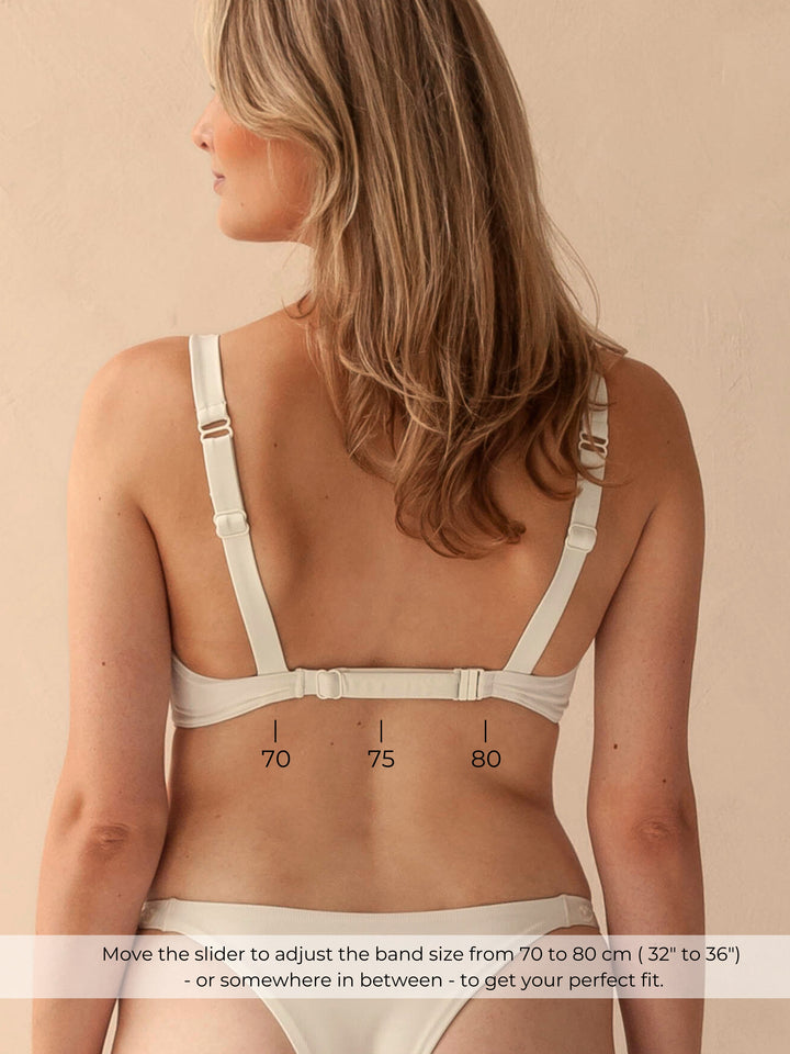 Bikini top Plunge V-neck ivory white woman adjustable band slider strap closure back