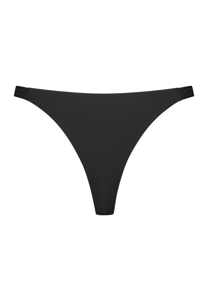 Bikini bottom Brazilian tanga in black with rib fabric and embroidery, product back