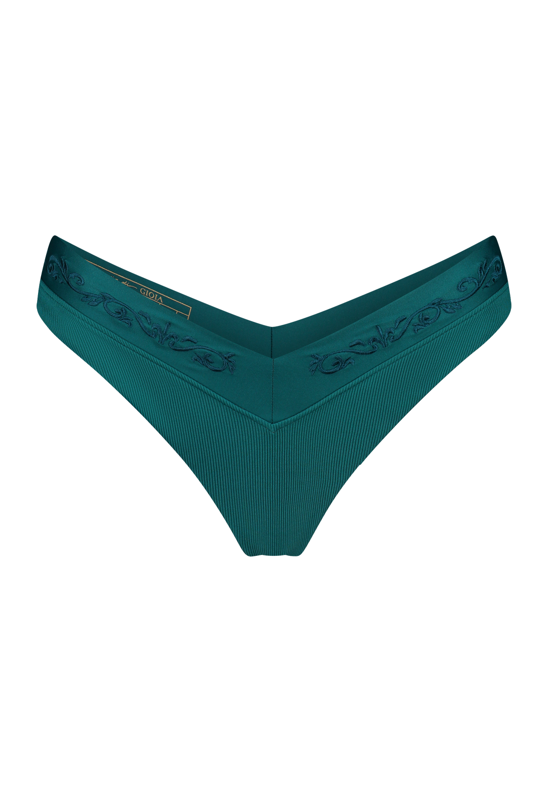 Bikini bottom V-shape in emerald green with rib fabric and embroidery, product front