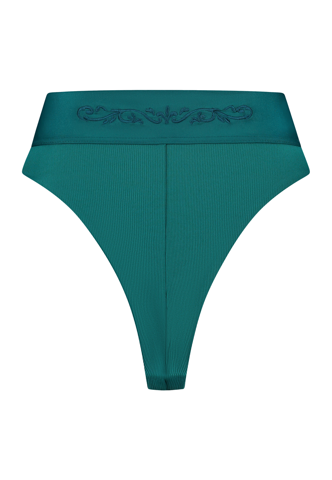 Bikini bottom high-waist in emerald green with rib fabric and embroidery, product back