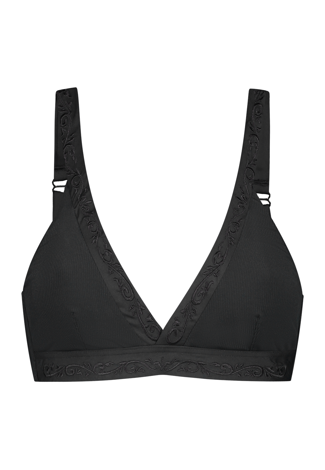 Bikini top Plunge V-neck in black with rib fabric and embroidery