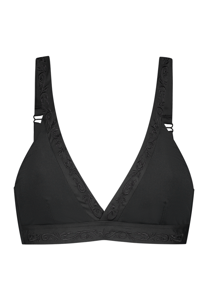 Bikini top Plunge V-neck in black with rib fabric and embroidery