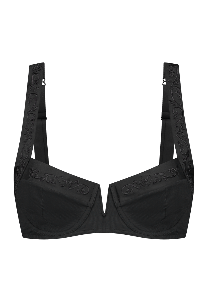 Bikini top balcony with underwire in black with rib fabric and embroidery