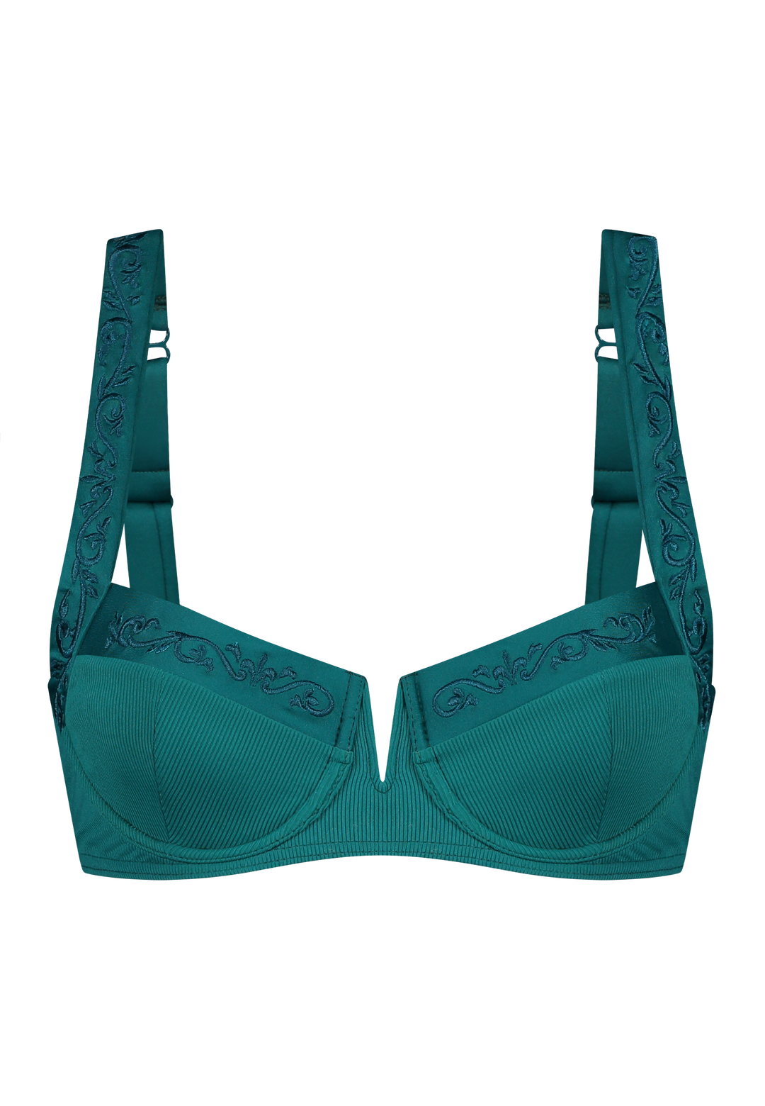 Bikini top balcony with underwire in green with rib fabric and embroidery