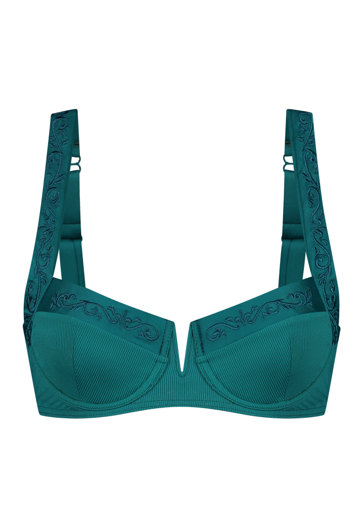 Bikini top balcony with underwire in green with rib fabric and embroidery