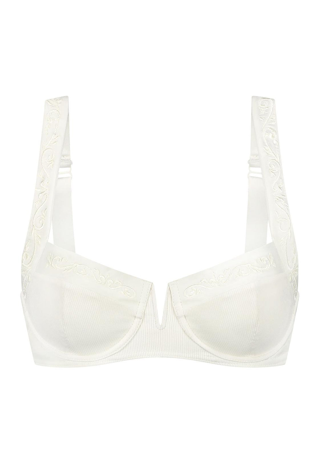 Bikini top balcony with underwire in white with rib fabric and embroidery