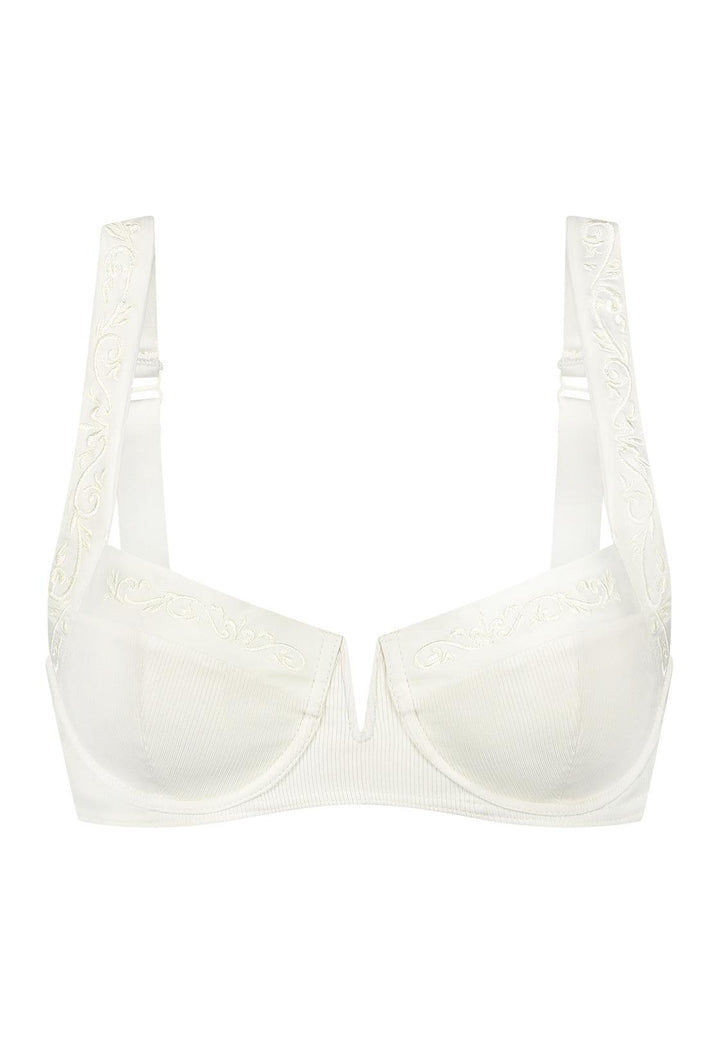 Bikini top balcony with underwire in white with rib fabric and embroidery