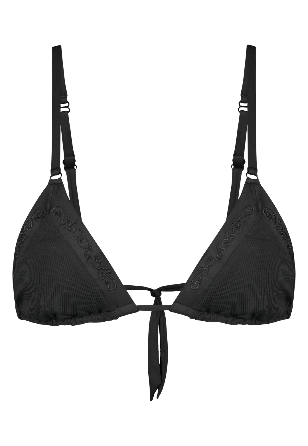 Bikini top triangle in black with rib fabric and embroidery