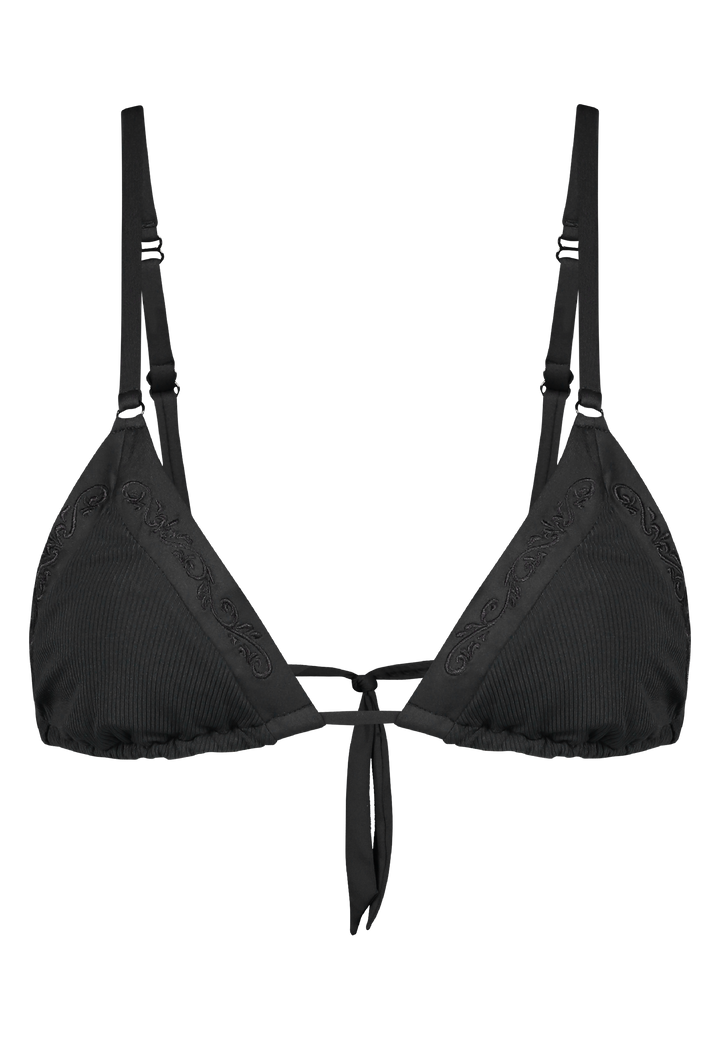 Bikini top triangle in black with rib fabric and embroidery