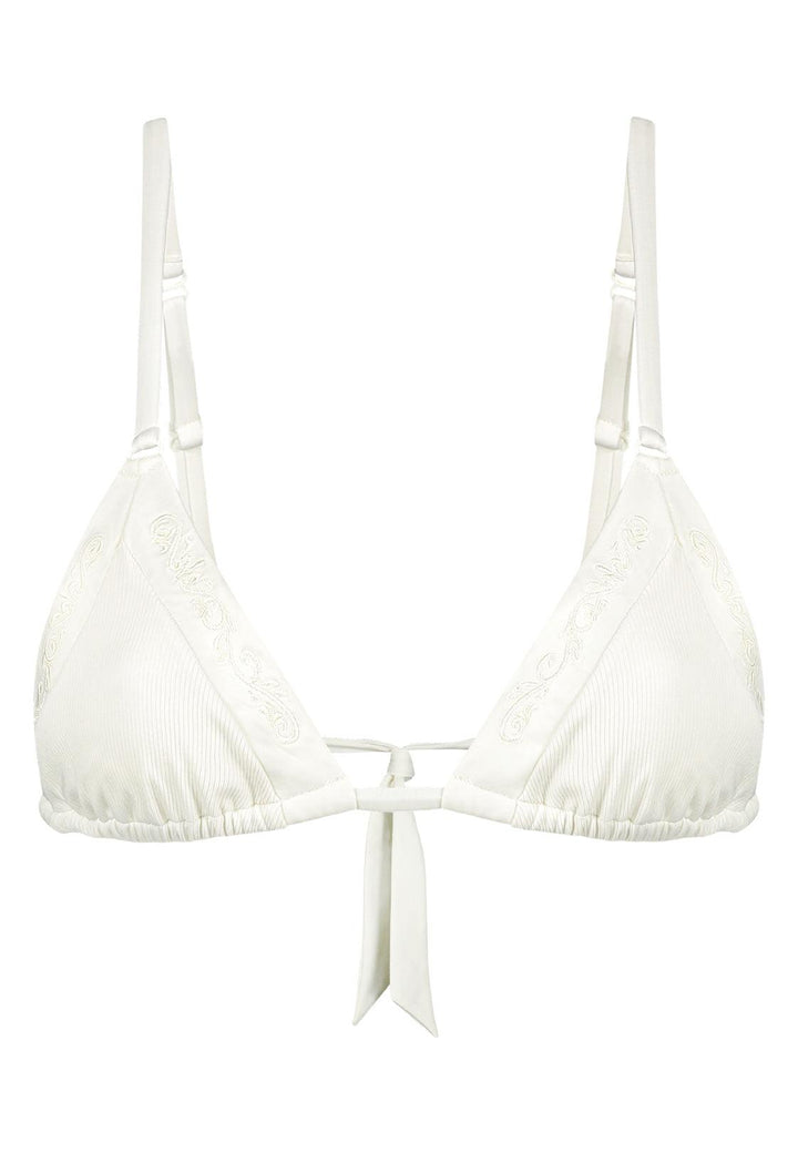 Bikini top triangle in white with rib fabric and embroidery