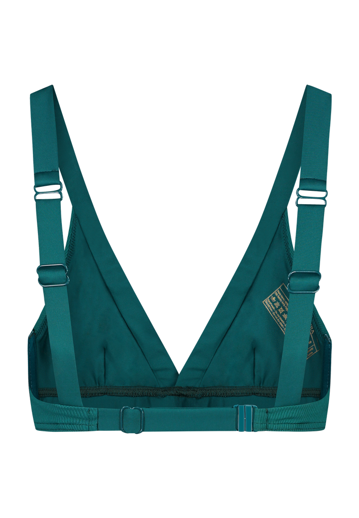 Plunge bikini top with in green with adjustable band size and shoulder straps