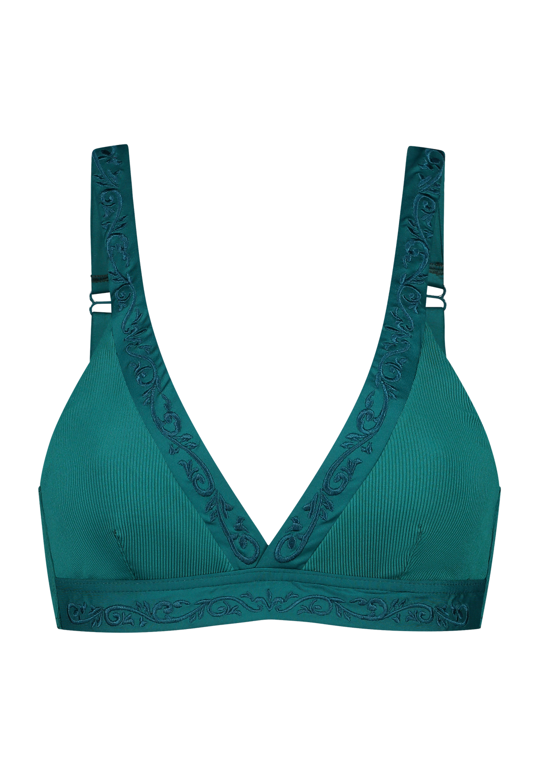 Plunge bikini top V-neck in green with rib fabric and embroidery