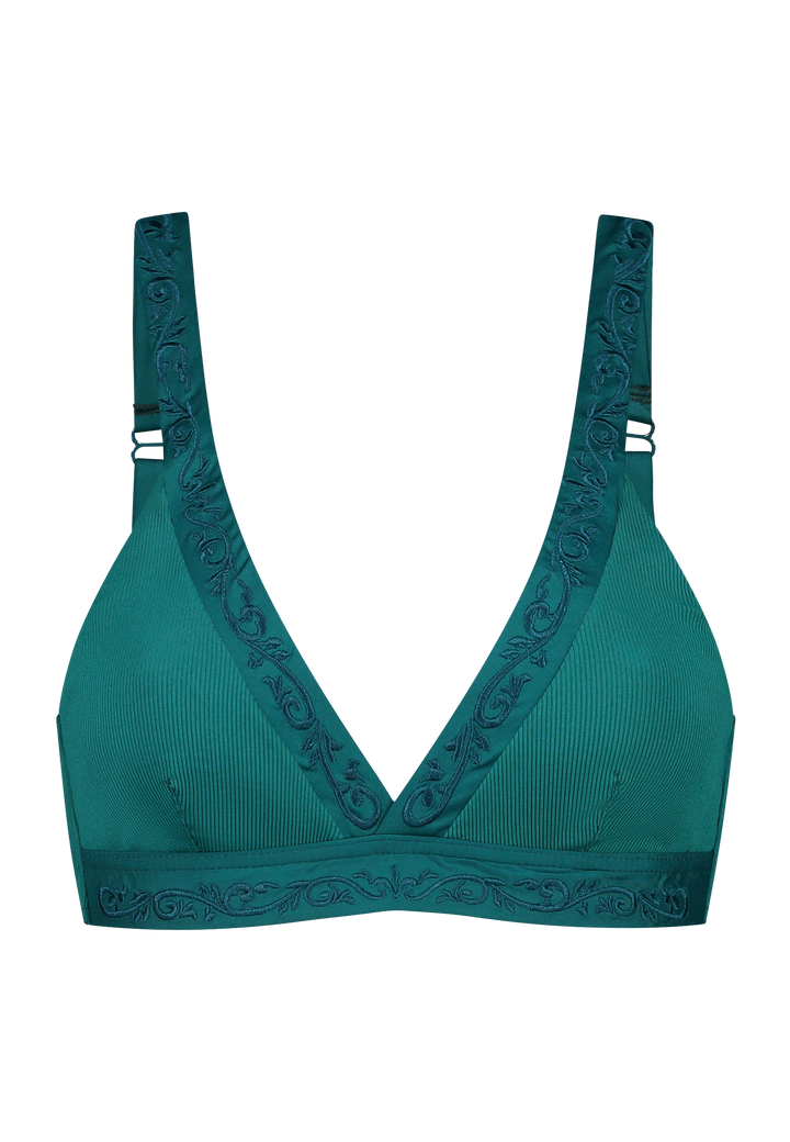 Plunge bikini top V-neck in green with rib fabric and embroidery