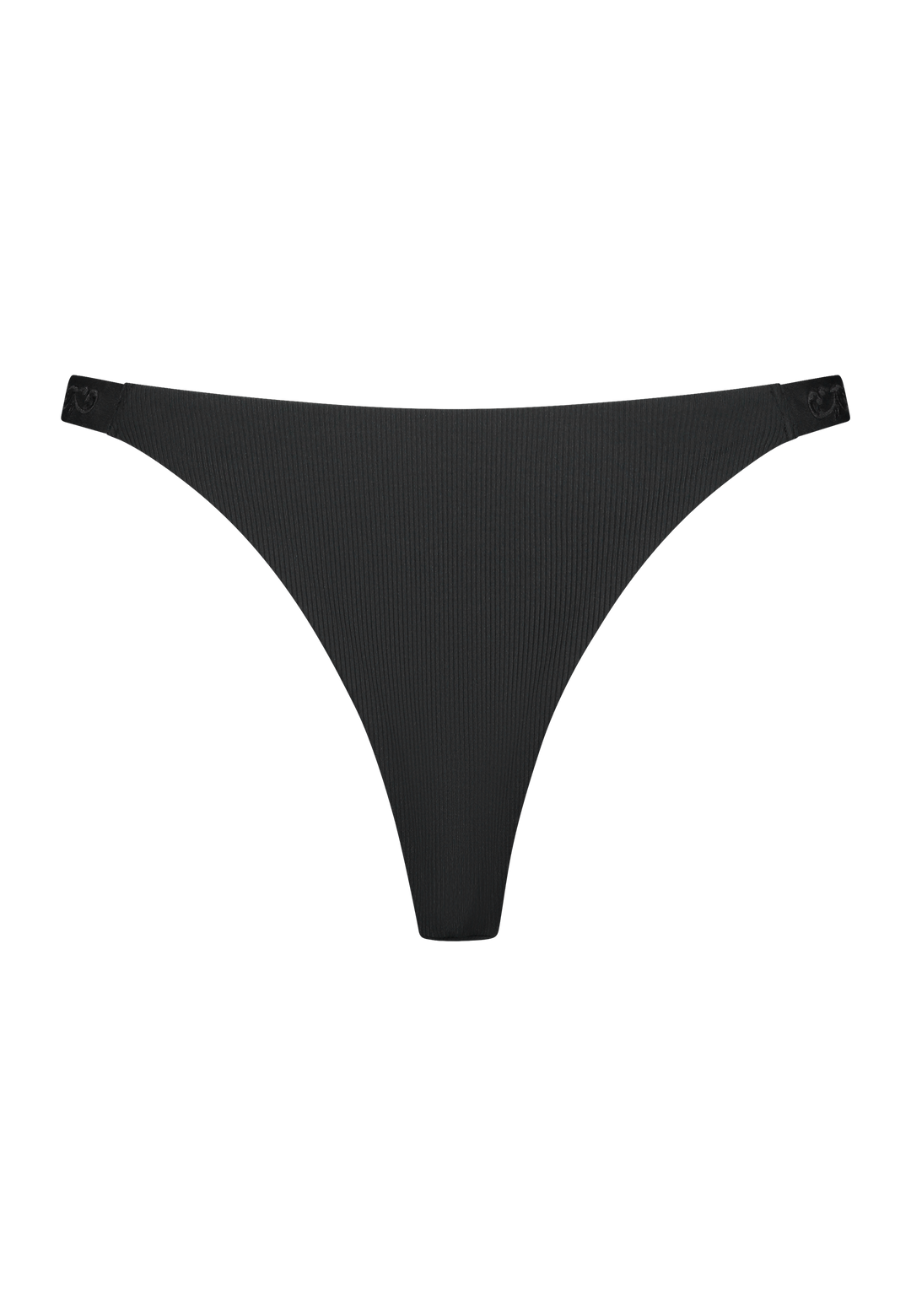 Bikini bottom Brazilian tanga in black with rib fabric and embroidery, product back