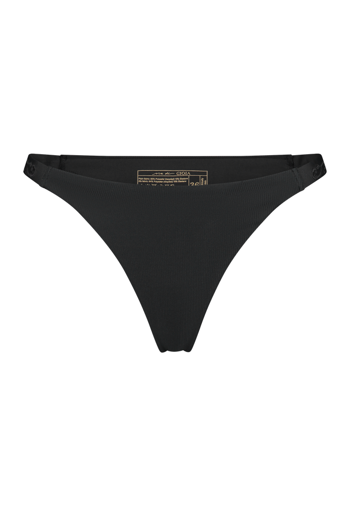Bikini bottom Brazilian-tanga in black with rib fabric and embroidery, product front