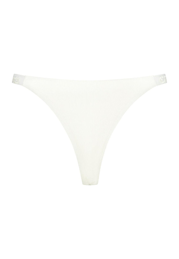 Bikini bottom Brazilian tanga in ivory white with rib fabric and embroidery, product back