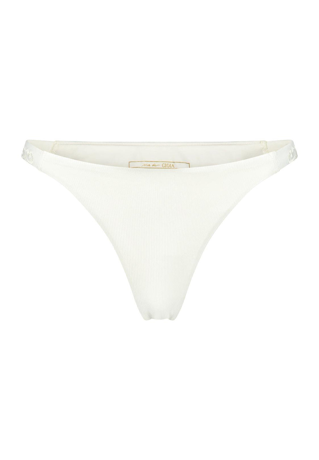 Bikini bottom Brazilian-tanga in ivory white with rib fabric and embroidery, product front