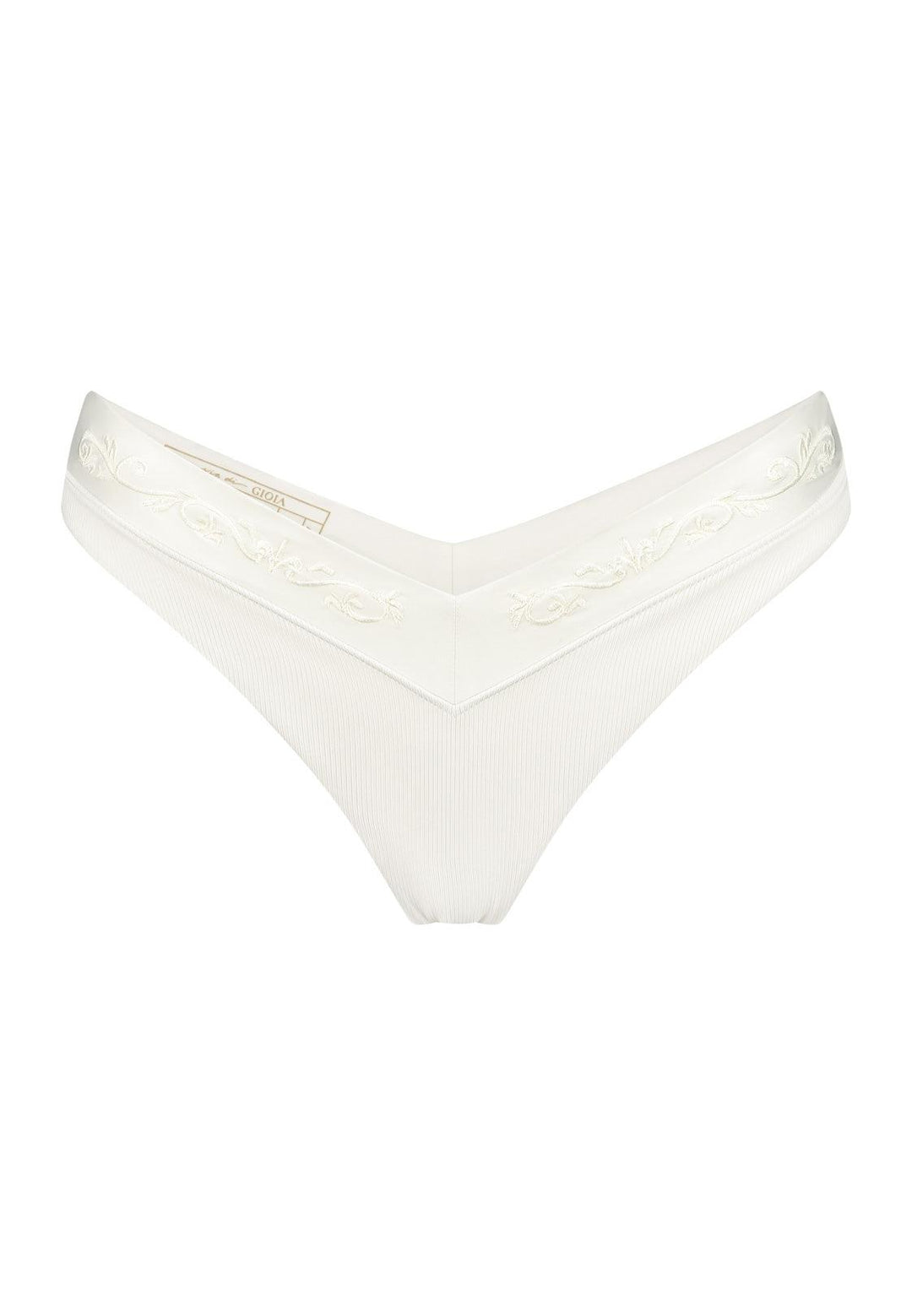 Bikini bottom V-shape in Ivory white with rib fabric and embroidery, product front