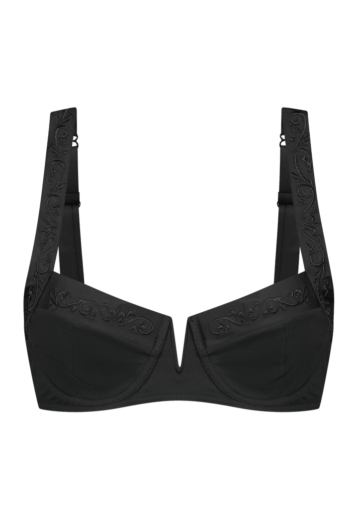 Bikini top balcony with underwire in black with rib fabric and embroidery 