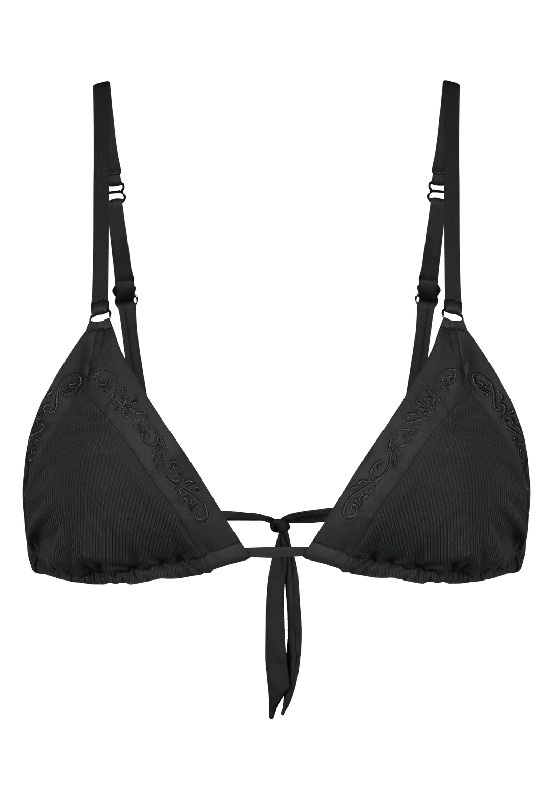 Bikini top triangle in black with rib fabric and embroidery 